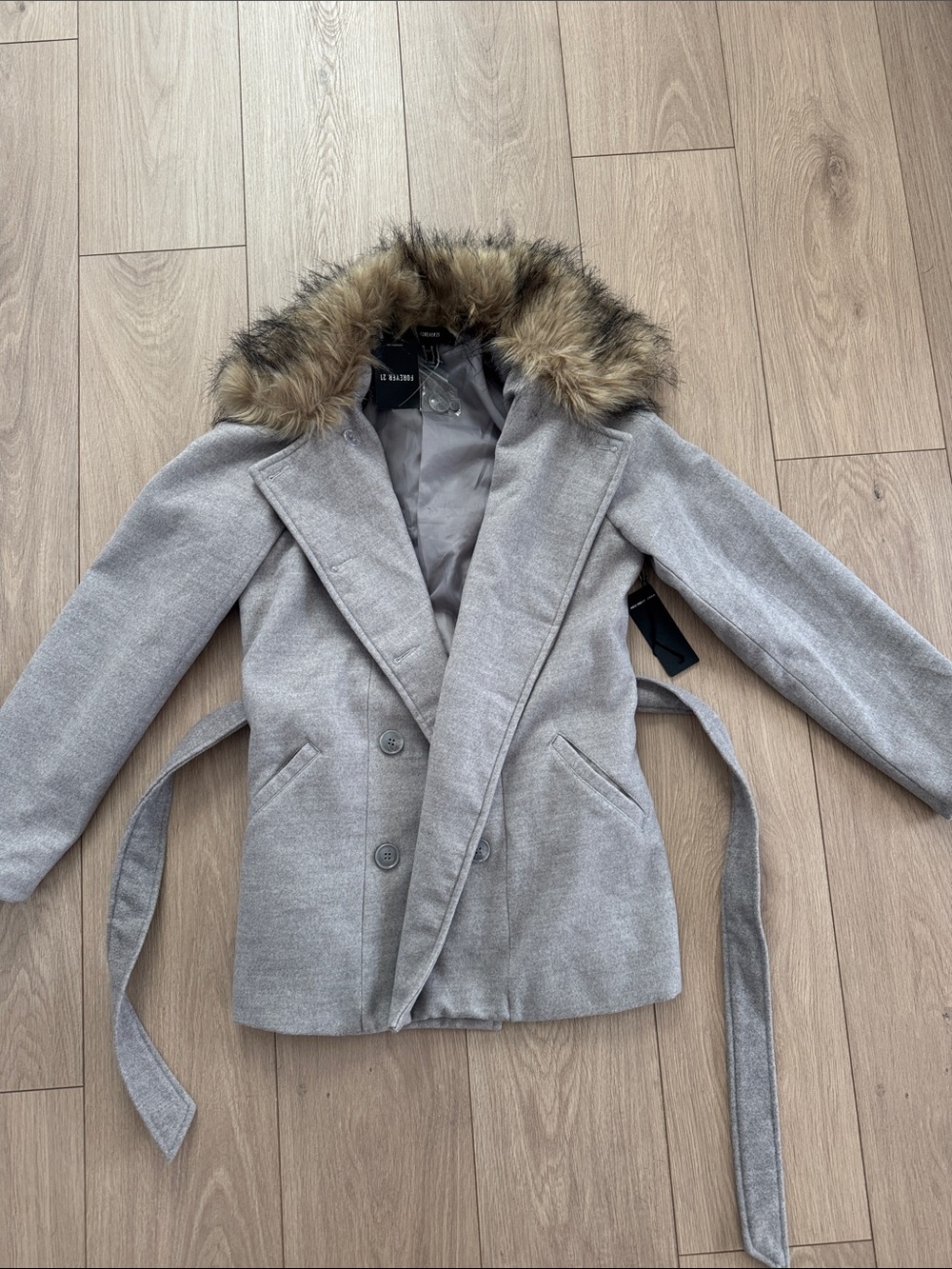 Forever 21 Light Gray Hooded Coat with Faux Fur Trim